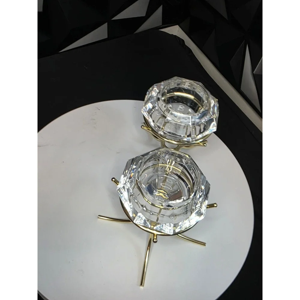 Diamond Shaped Crystal Glass Votive Candle Holders Gold Metal Stands Set of 2